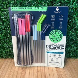 Manna 13 pc Stainless Steel Straw Set w Silicone Straw Tips Includes Carry Pouch